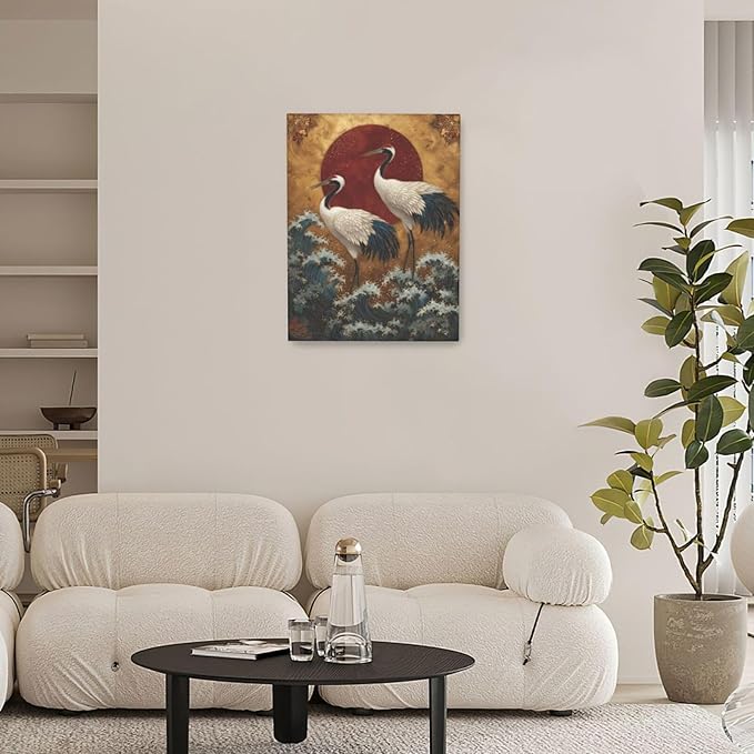 Japanese Crane Wall Art Gold Oriental Asian Wall Decor Sandhill Crane Canvas Pictures Paintings Prints Japan Traditional Aesthetic Artwork Framed Chinese Decorations For Bedroom Living Room Office Gifts 12" x 16"
