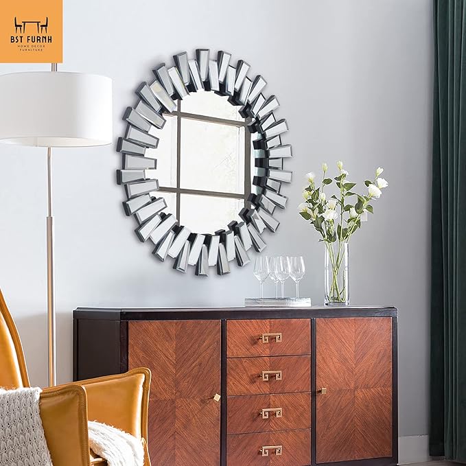 BST FURNH Round Mirror Wall Decor 24 Inches Decorative Wall Mirror with Irregular Framed and Beveled Edge Mirrors for Wall Silver Large Wall Mirror Frameless Mirrors