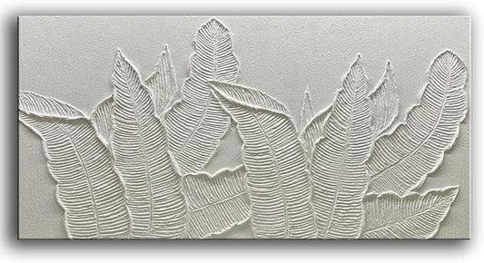 Modern Tropical Palm Leaf Wall Art, 3D Textured Relief Panel, White