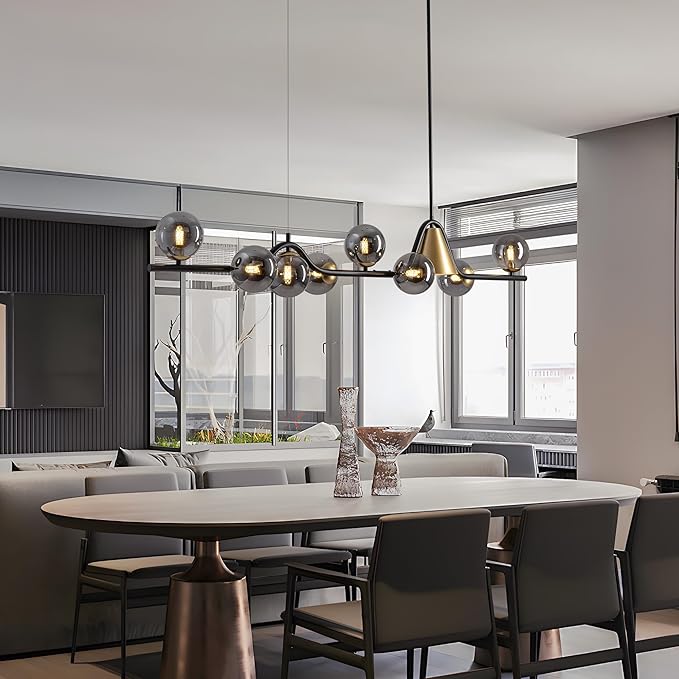 L55 in Mid Century Modern Chandelier, Black and Gold Globe Sputnik Glass Chandeliers Light Fixture,Rectangular Chandelier, 9 Light Dining Room Light Fixtures Over Table