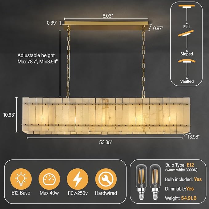 53.4" Rectangle Alabaster Chandelier, Modern Dining Room Chandeliers, 10-Light Marble Hanging Pendant Dining Light Fixture for Kitchen Island, Living Room, Bedroom, Foyer, Entryway