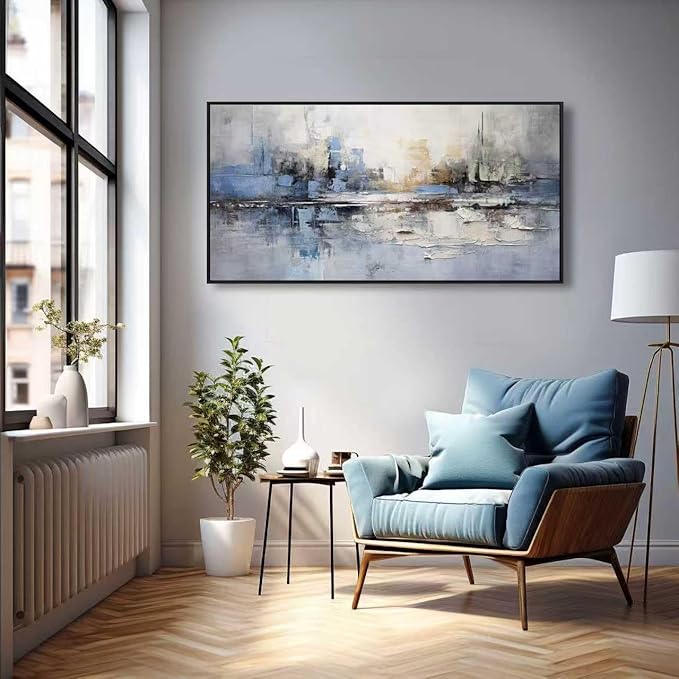 Abstract Wall Art Blue and White Reflection Large Size Framed Artwork Wall Decor Canvas Painting Stretched Canvas Wooden for Living Room Bedroom Office Home Decor Frame ready for hanging 31"x70"
