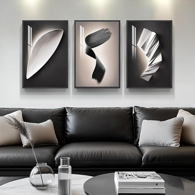 3 Piece Framed Modern Wall Art Sets, Abstract Line Geometric Decor Prints, Black and White Contemporary Luxury Paintings Artwork for Bedroom, Bathroom, Living Room and Office 16x24 Inch