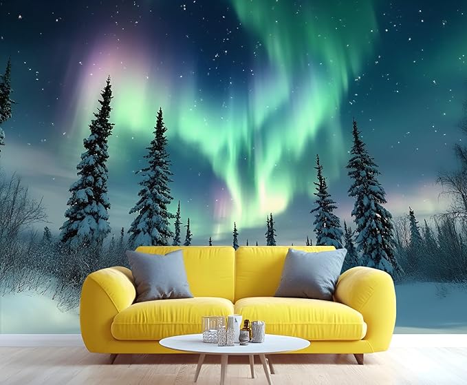Aurora Borealis Mural Wallpaper, Starry Forest Murals, 3D Forest Landscape Murals Wallpaper for Living Room Bedroom Home Decor Mural - 137.8" W x 109" H (Not Peel Stick)