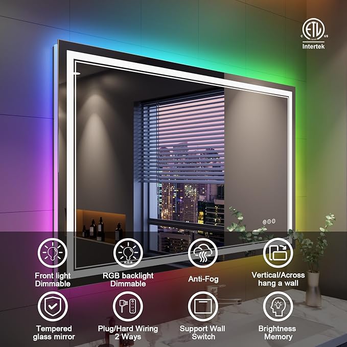 48x40 Inch RGB LED Bathroom Mirror with Lights, Color Changing RGB Backlit LED Mirror for Bathroom,Lighted Vanity Mirrors for Bathroom Wall, Dimmable, Anti-Fog (RGB Backlit+Front-Lit)