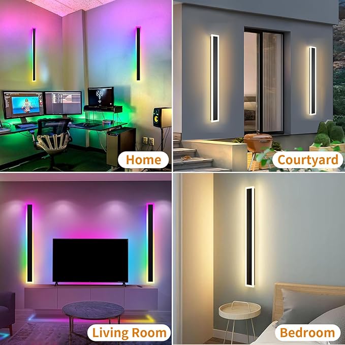 2 Pack Outdoor RGB Long Wall Lights, 31.4inch Wall Lights RGB/Warm/White Dimmable Modern Led Wall Lighting, Ip65 Waterproof Wall Sconce with Remote APP Control for Outdoor/Indoor Party Gathering