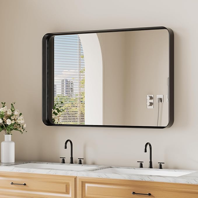 Koonmi Black Wall Mirror for Bathroom, 24x36 Inch Matte Deep Framed Rounded Rectangle Vanity Mirror for Farmhouse Living Room, Tempered Glass, Anti-Rust, Vertically or Horizontally