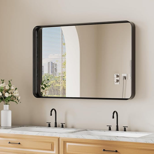Koonmi Black Wall Mirror for Bathroom, 24x36 Inch Matte Deep Framed Rounded Rectangle Vanity Mirror for Farmhouse Living Room, Tempered Glass, Anti-Rust, Vertically or Horizontally
