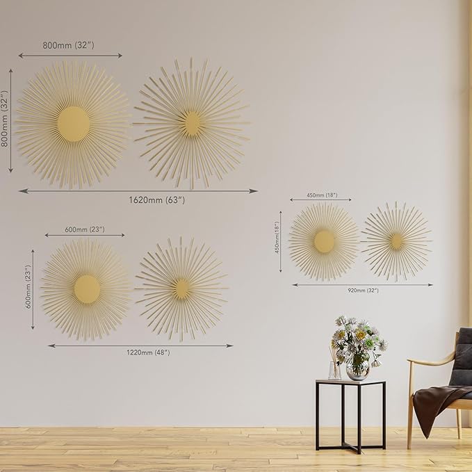 NEODECO Sun Rays-Double Metal Wall Art, Geometric Sun Decor, Metallic colors, Large 3D wall sculpture, model BC, Set of 2 (Bronze, Small)