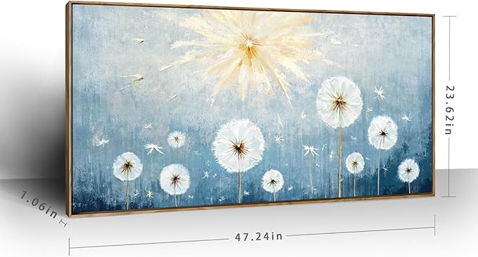 Nicetop Large Framed Inspirational Wall Pictures for Living Room Blue Floral Canvas Art Prints for Bedroom Office Nature-Inspired Dandelion Botanical Flower Artwork,Home Coastal Wall Decor 48x24 Inch