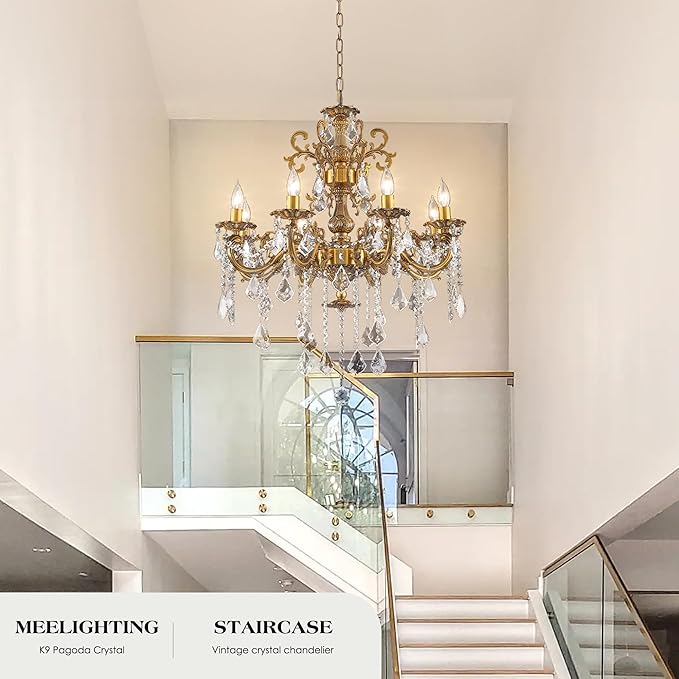 Antique Bronze Crystal Chandeliers, Candle Pendant Ceiling Light Fixture 8-Lights Luxury Gold Crystal Chandelier Adjustable Chain for Dining Living Room Bedroom Hallway 27 Inch