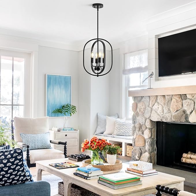 12.2" Modern Farmhouse Black Small Chandelier, 4 Light Adjustable Geometric Hanging Light Fixture for Foyer, Entryway, Hallway, Kitchen