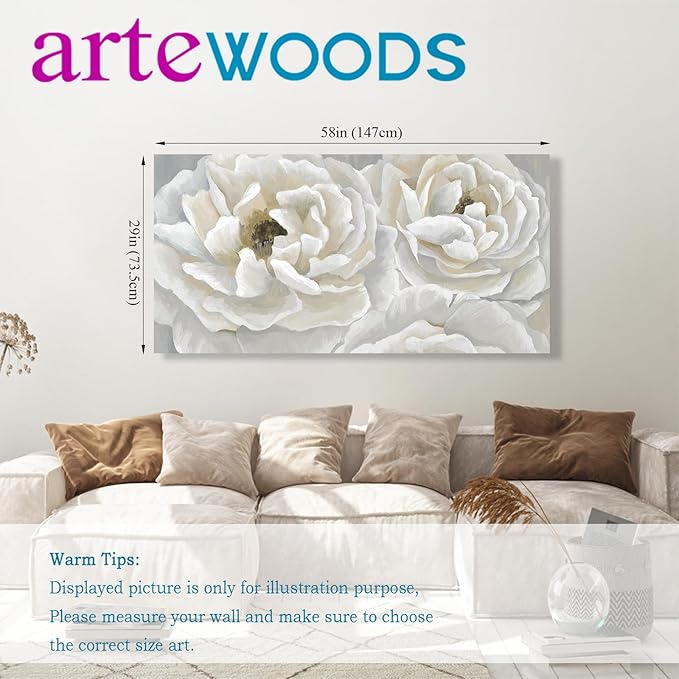 arteWOODS Cream White Flowers Wall Art - Soft Peony Pictures for Wall Decor Elegant Blossom Flower Painting Artwork Botanical Prints for Living Room Home Office Wall Decoration 29" x 58"