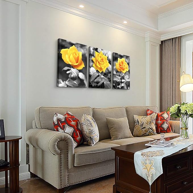 Canvas Wall Art For Bedroom Living Room Wall Decor For Kitchen Office Wall Pictures Artwork Black And White Yellow Rose Flowers Paintings 20" X 28" 3 Pieces Framed Modern Bathroom Home Decor