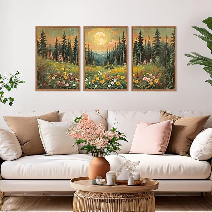 CHDITB Moonlit Forest Floral Framed Canvas Wall Art Set, Nature Inspired Wall Decor, Mystical Midnight Spiritual Wall Painting, Vintage Mountain Landscape Art Prints for Living Room, Bedroom, 16"x24"