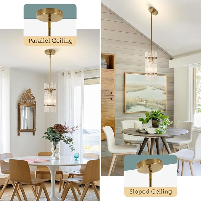 Modern Crystal Pendant Light for Kitchen Island, Gold Luxury Mini Water Ripple Glass Chandelier Lights Fixture, Modern Square Adjustable Hanging Pendant Lighting for Dining Room Bedroom (3-Pack)