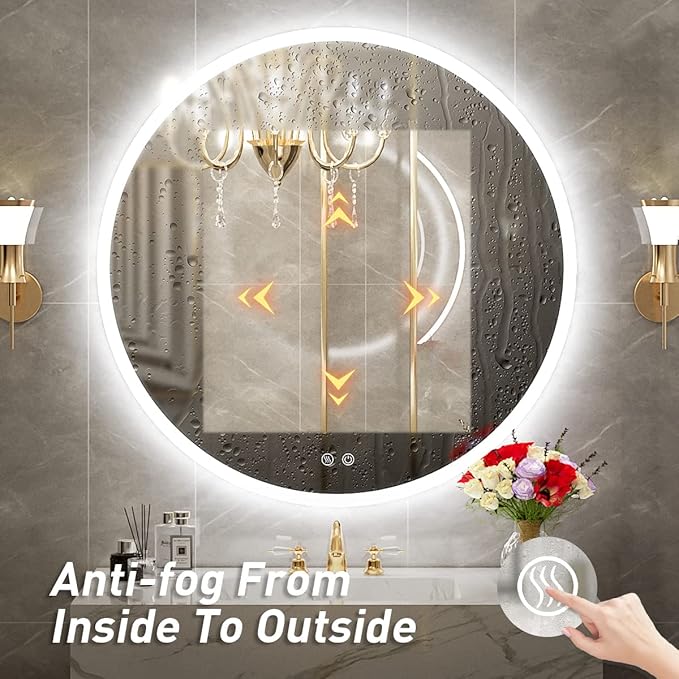 36 Inch Round LED Bathroom Mirror - 6000K Daylight Backlit, Anti-Fog & Dimmable, Frameless Waterproof Mirror with Touch Control, CRI90+, IP54 for Vanity & Makeup