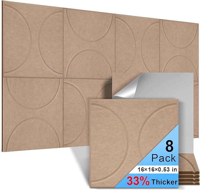 8 Pack Acoustic Wall Panels Self-Adhesive, 16" X 16" X 0.5" Decorative Acoustic Panels, Soundproof Wall Panels for Studio, Home & Living Room, Polyester - Cement Gray