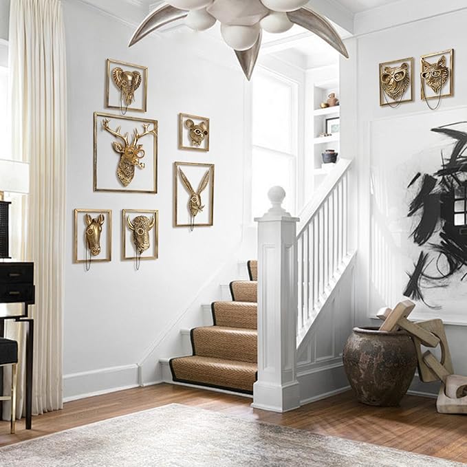 Newinhome Animal Heads Wall Decoration (Gift Metal Frame) Resin Animals Sculptures Head Wall Hanging Decor Gold vintage Wall Sculpture for Living Room Bedroom Office(Bear)