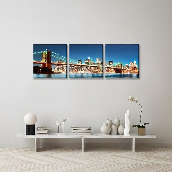NAN Wind 3PCS Brooklyn Bridge Canvas Art Illuminated NYC Skyline with City Lights Wall Decor Modern Manhattan Night View Panoramic Prints Contemporary Water Reflection Canvas Set for Living Room