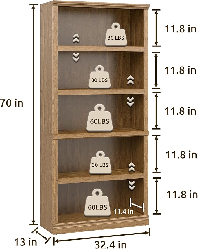 70 in Tall Bookcase, White Bookshelf Open Storage 5-Tier Shelves, 33 inch Wide Floor Standing Indoor Furniture, Book Cases for Home School Library Office Bedroom Kids, Vintage Oak 5 Tiers