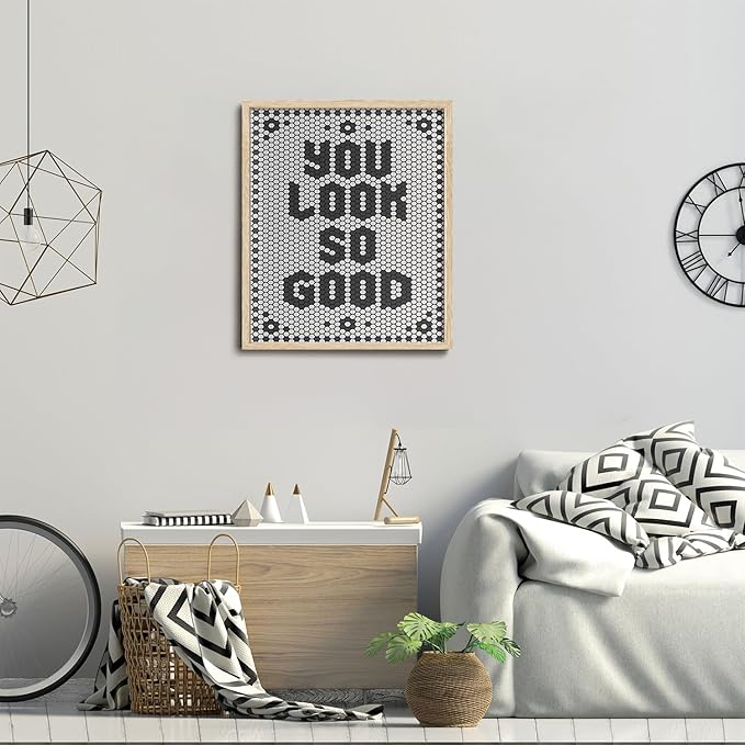 KISSFOX Western You Look So Good OAK Wood Framed Wall Art Farmhouse Geometric Typography Canvas Art Prints Rustic Hexagon Pictures Wall Decor Southwestern Artwork For Bistro Bathroom Bedroom Kitchen