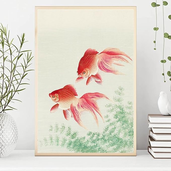 OZCONO Japanese Goldfish Wall Art Print, Vintage Ukiyo-e Style Woodblock Poster, Gold Fish Home Decor (14L x 11W)