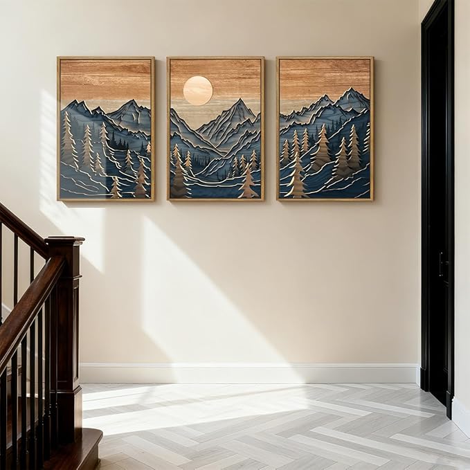 Anyzal Large Mountain Forest Wall Art Decor Framed Vintage Artwork Mid Century Modern Art Print for Living Room Bedroom Office 16x24 Inch Set of 3