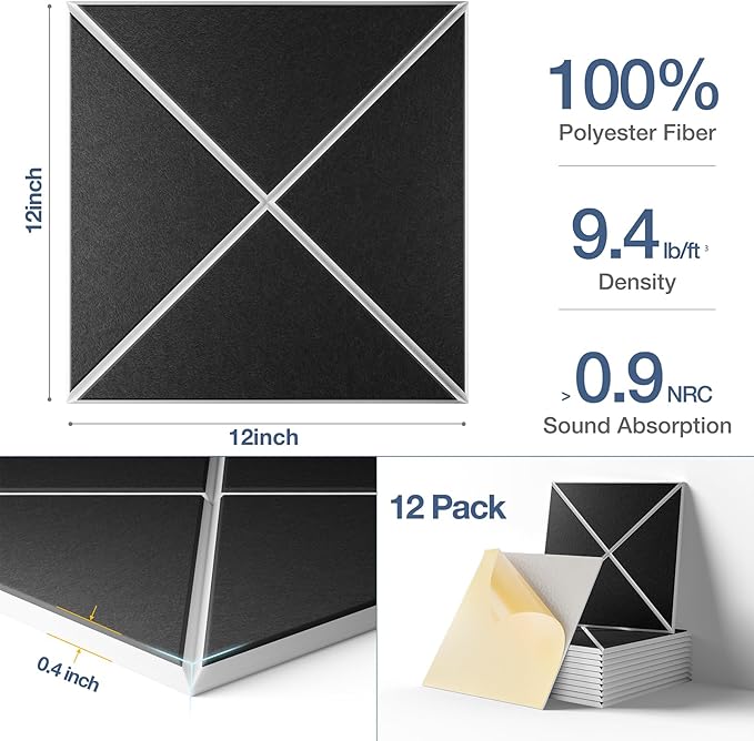 12 Pack Self-Adhesive Acoustic Panels, 12" X 12" X 0.4" X-Line Sound Proof Foam Panels for Walls, Soundproof Wall Panels for Home & Office (Black on White)