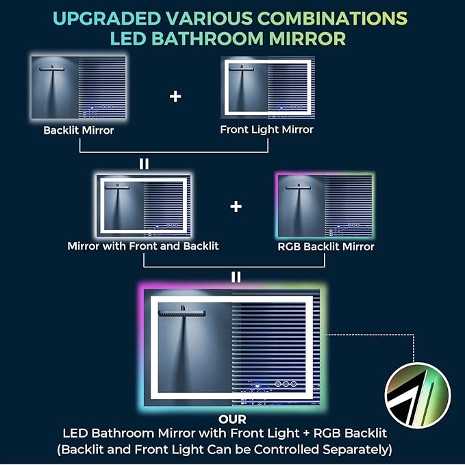 24x36 Inch RGB LED Bathroom Mirror Front Light and RGB Backlit Lighted Vanity Mirror for Bathroom Wall Mounted Dimmable Anti Fog Memory Shatter-Proof IP54 Waterproof Horizontal/Vertical