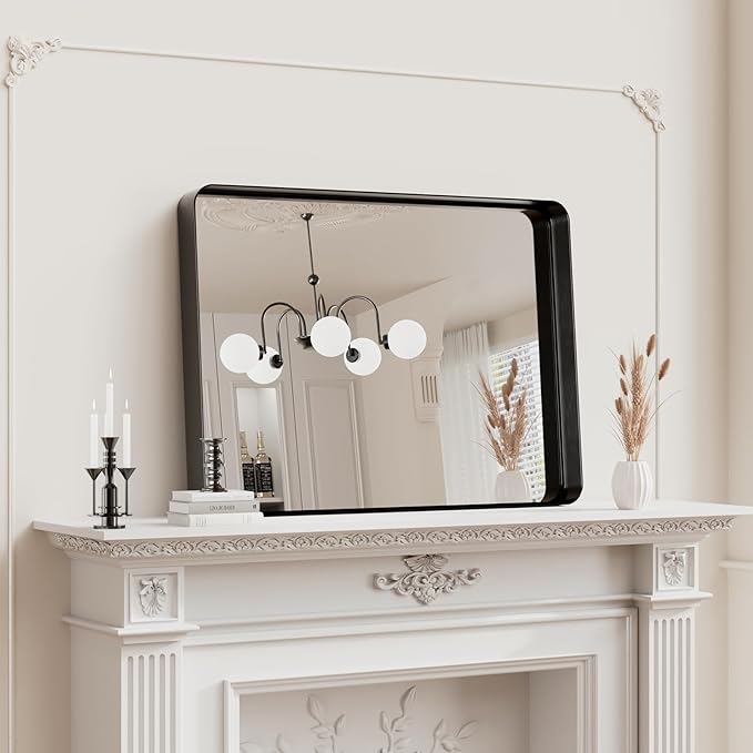 Koonmi Black Bathroom Mirror for Wall, 22x30 Inch Matte Metal Deep Framed Rounded Corner Wall Mirror, Shatterproof Tempered Glass for Farmhouse Bedroom Entryway, Vertically or Horizontally