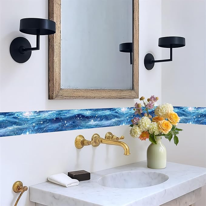 Blue Galaxy Wallpaper Border 196x4 Inch Peel and Stick Wall Border Self Adhesive Cosmic Starry Sky Removable Vinyl Trim for Living Room Bedroom Bathroom Kitchen Cabinet Decoration
