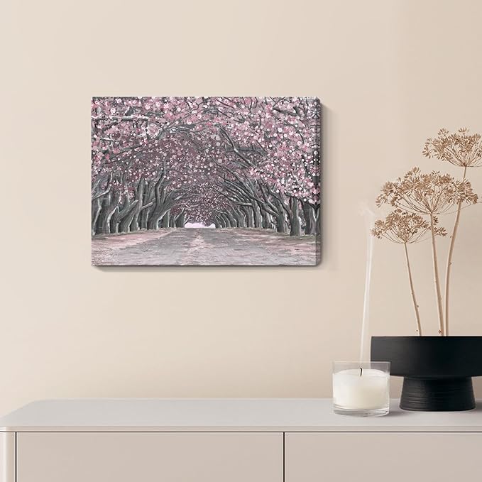 Nicetop Pink Wall Art–Abstract Floral Trees Artwork Canvas Print Romantic Cherry Blossom Nature Forest Path Archway Landscape Picture Decor for Bedroom Girls Room Bathroom, 16x12 Inch