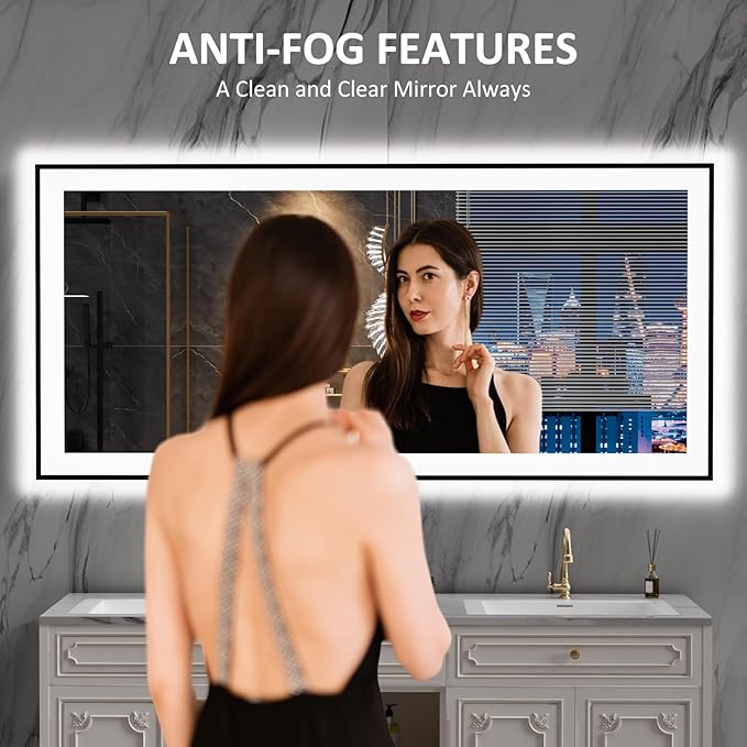 LOAAO 60"X28" LED Bathroom Mirror Black Framed, Anti-Fog, Dimmable, Lighted Bathroom Vanity Mirror for Wall, Memory Function, Tempered Glass