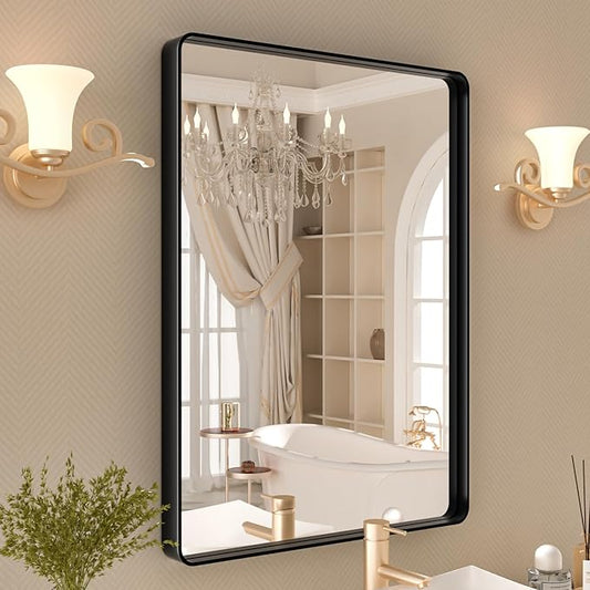 24x32 Inch Black Framed Bathroom Mirror,Matte Metal Frame Vanity Mirror,Round Corner,Farmhouse,Decorative Wall Mounted Rectangle Mirror