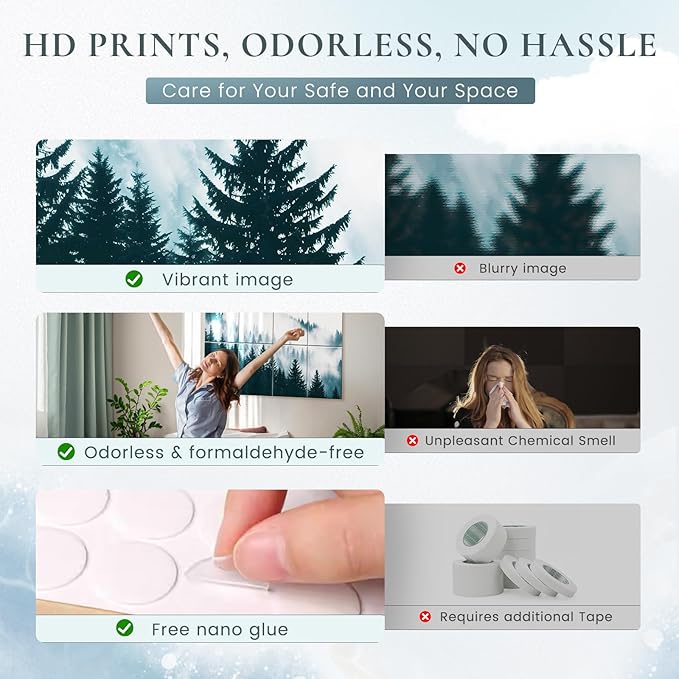 8 Pack Decorative Sound Absorbing Panels, Sound Absorbing Wall Art, 48X32 Inches Acoustic Wall Art for Decoration, Art Acoustic Panels, Acoustic Treatment, Adhesive Included, Misty Forest