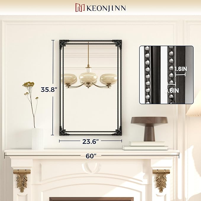 Keonjin Black Vintage Mirror 24 x 36 Inch, Antique Mirrors Rectangle, Traditional Mantel Decoration, Baroque Style Wall Decor for Hallway, Fireplace, Entryway, Living Room, Anti-Rust, Waterproof