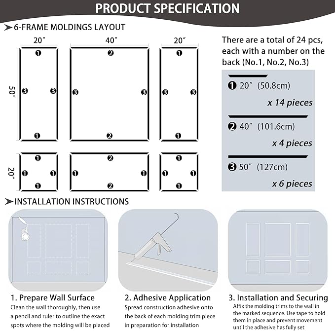 6-Frame Premade Accent Wall Molding Kit, Ready-to-Assemble Wainscoting Panels, Pre-Cut Chair Rail Moulding Trim for Home Décor