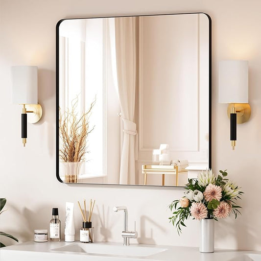 Black Bathroom Mirror 32X32 Inch Bathroom Vanity Mirror for Wall, Metal Frame Large Mirror, Tempered Glass, Modern Wall Mirror for Bathroom, Farmhouse, Horizontally or Vertically Hanging