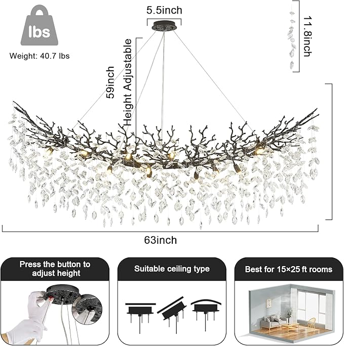 Large Modern Farmhouse Crystal Chandelier, 63" Black Tree Branch Chandelier Antique Vintage Chandeliers for Dining Room 16-Light High Ceiling Chandeliers Dining Room Light Fixture