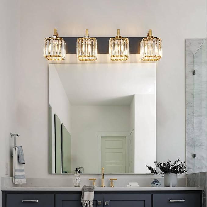 Modern Bathroom Vanity Light 4-Lights Black Gold Crystal Wall Lamp Bathroom Modern Crystal Vanity Lighting
