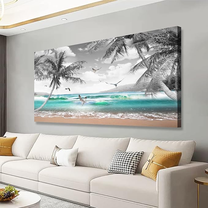Beach Palm Pictures Canvas Wall Art For Living Room Bedroom Wall Decor,Sea Wave Wall Art Print Paitnings For Home Decor,Morden Artwork Coconut Tree Canvas Art Ready To Hang-24X48 Inches