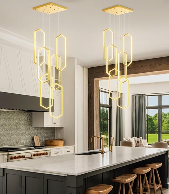 6 Rings Modern Chandelier LED Dimmable Pendant Lighting Adjust Flush Mount Ceiling Light for Foyer Lobby Living Room Staircaes Gold