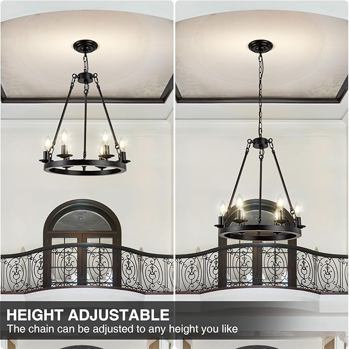 6-Light Black Wagon Wheel Chandelier, Modern Farmhouse Chandelier Rustic Industrial Round Small Wagon Wheel Light for Dining Room, Kitchen, Bedroom, Living Room,Entryways