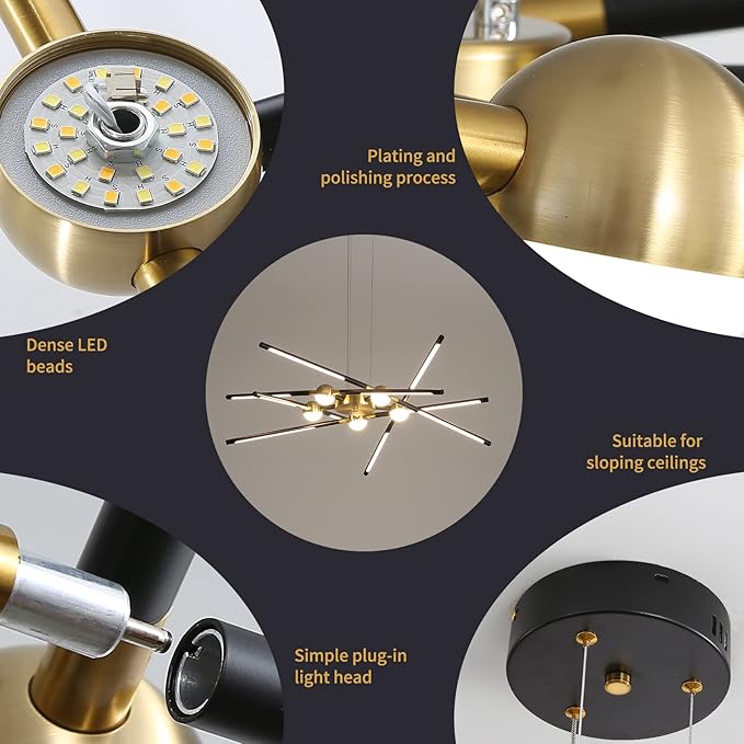 Modern Black chandelier,Sputnik Chandelier 10-Lights Dimmable Pluggable Hanging Ceiling Light Embedded Installation Fixture, Gold LED Pendant Light for Kitchen Island,Living Room Decoration