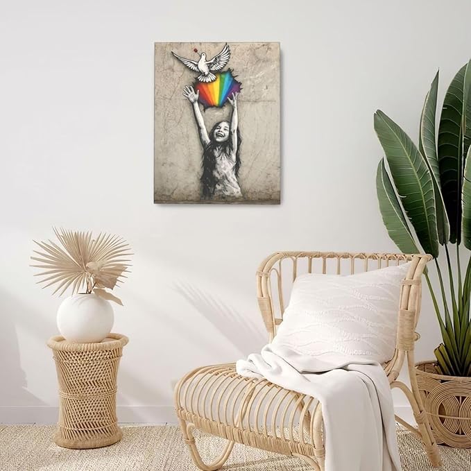 Banksy Street Graffiti Wall Art Rainbow Canvas Wall Decor Love And Peace Pictures Paintings Prints Artwork Framed Modern Decorations For Bedroom Bathroom Office Living Room Gifts 16" x 20"