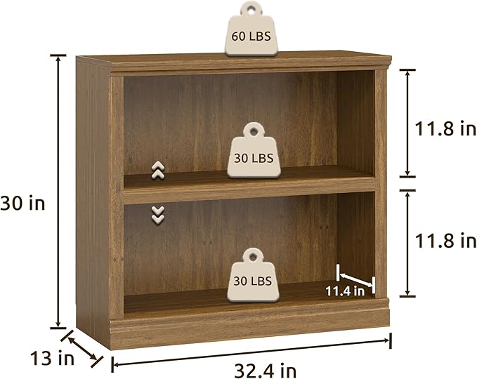 Bookcase, 2 Tiers S Bookshelf Open Storage Organization, Floor Standing Indoor Furniture Book Case for Library Office Living Room Bedroom, Vintage Oak - 2 Tier