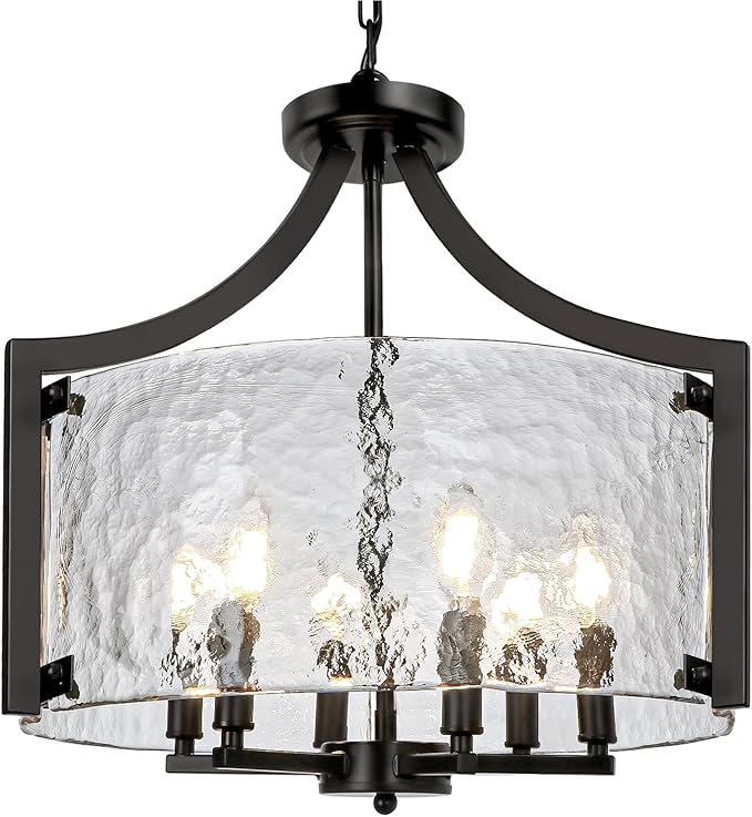 6-Light Glass Chandelier for Dining Room, 19.3'' Modern Black Foyer Chandelier Convertible Semi Flush Mount Ceiling Light, Farmhouse Pendant Lighting for Entryway Foyer Bedroom Kitchen