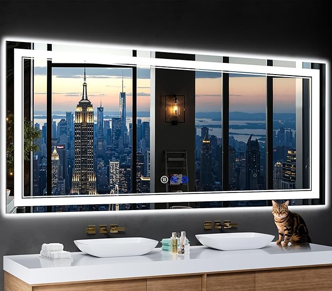 72"x32" LED Bathroom Mirror with Anti-Fog, Stepless Dimmable Lights, 3 Color Modes, Shatter-Proof Tempered Glass, Memory Function & Waterproof Design
