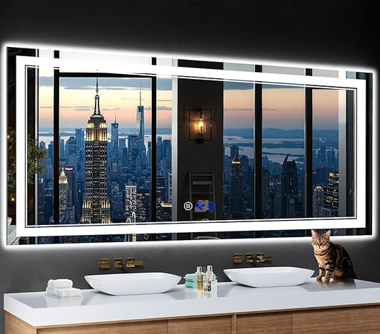72"x32" LED Bathroom Mirror with Anti-Fog, Stepless Dimmable Lights, 3 Color Modes, Shatter-Proof Tempered Glass, Memory Function & Waterproof Design